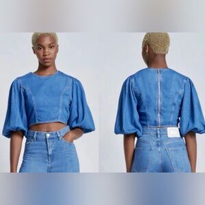 7 For All Mankind Blue Denim Puff-Sleeve Crop Top Fabulous fit